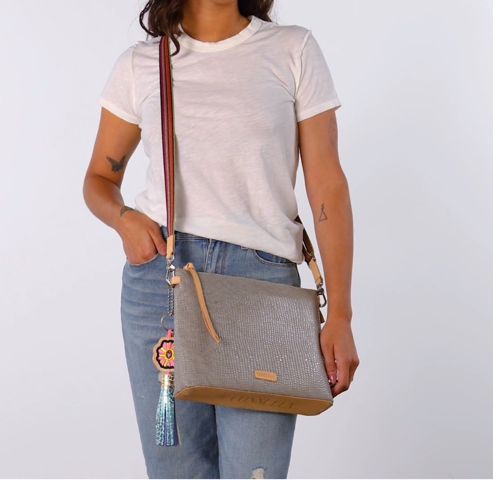 Consuela Gray Crossbody with Tan Trim and Multicolor Strap
